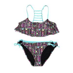 O'RAGEOUS String Bikini Ruffle Racerback Strappy Aztec L Top M Bottom Swimwear
